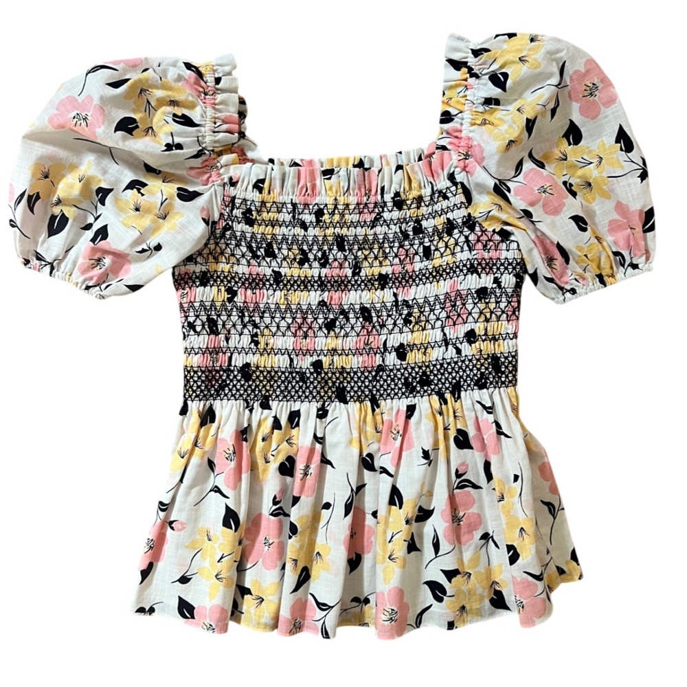 Kate Spade New York Floral Smocked Puff Sleeve Peplum Top Pink‎ Yellow White - M